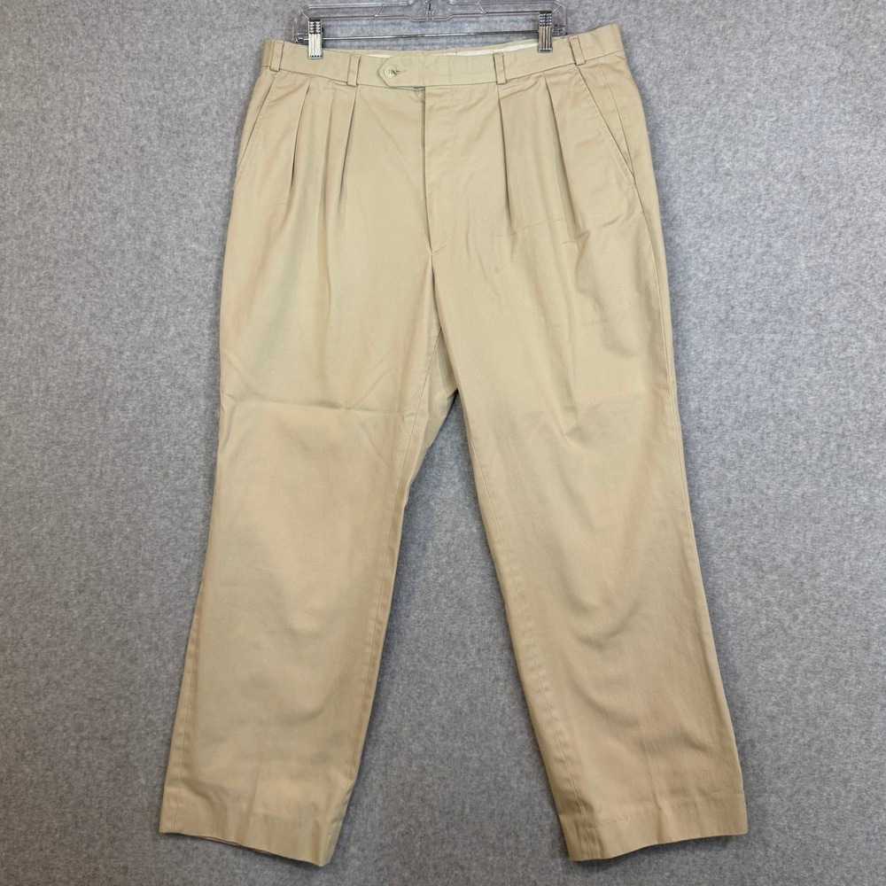 L.L. Bean Chino Pants Mens 38 R208 Khaki Pleated Made in USA EUC